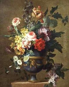 Ornamental Vase of Flowers on a Stone Ledge