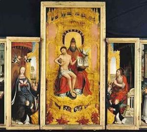 Polyptych of the Glorification of the Holy Trinity, central panel depicting the Trinity, the Virgin and St. John the Baptist by Jean Bellegambe the Elder