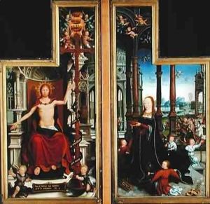 Polyptych of the Glorification of the Holy Trinity, panels depicting Christ Enthroned and the Virgin by Jean Bellegambe the Elder