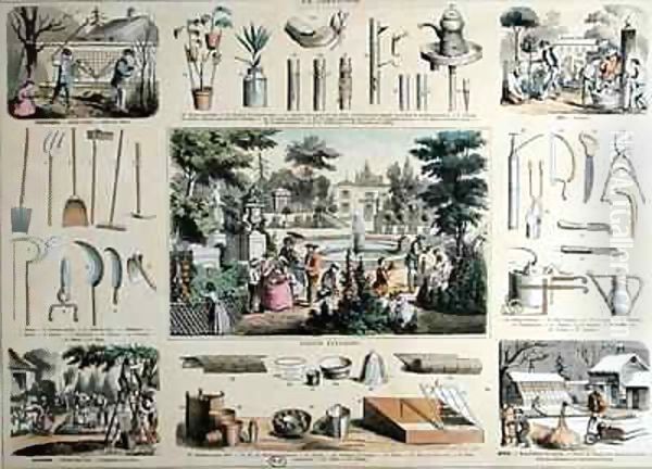 Educational depiction of gardening, with illustrations of garden tools and scenes showing the appropriate activities for each season - view 1