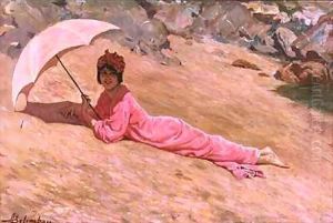 Girl lying on the beach with a pink parasol by Adolfo Belimbau