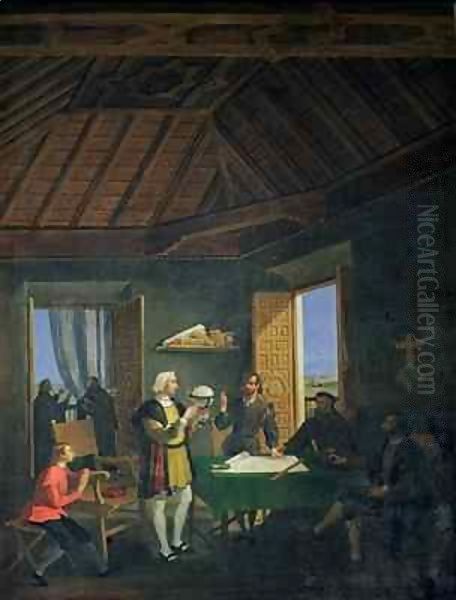 Conversation in the Franciscan Monastery of Santa Maria de La Rabida between the navigator Christopher Columbus (1451-1506), the physician Garcia Fernandez, the priest Juan Perez and Alonzo Pinzon - view 1