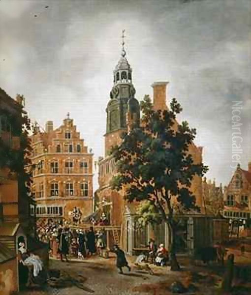 The Munt Tower with a Quack Praising his Merchandise, Amsterdam - view 1