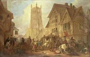 Cirencester Market Place, with the Abbey and the King's Head Hotel in 1642 - The First Bloodshed of the Civil War by John Beecham