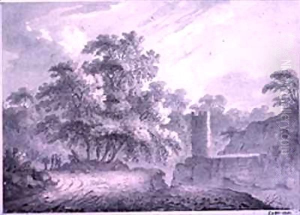 A Country Road with Travellers beside a Tower, built on a Rocky Cliff, At Marino, near Lake Albano - view 1