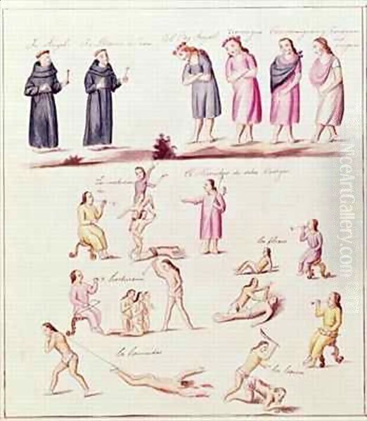 Indians on the road to conversion by the Spanish: meekly presenting themselves for baptism by Friars Angel and Martin de Jesus and the punishments for crimes such as witchcraft, licentiousness, and murder, from the Cronica de Mechoacan - view 1