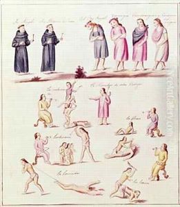 Indians on the road to conversion by the Spanish: meekly presenting themselves for baptism by Friars Angel and Martin de Jesus and the punishments for crimes such as witchcraft, licentiousness, and murder, from the Cronica de Mechoacan by Friar Pablo Beaumont