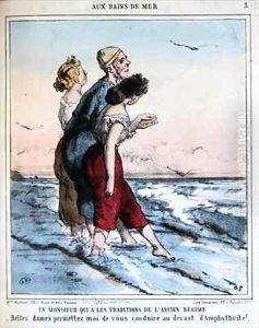 Traditional man escorting two young ladies to bathe in the sea by Charles Edouard de Beaumont