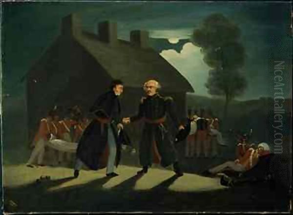 The meeting of Wellington (1769-1852) and Blucher (1742-1819) at La Belle Alliance after the Battle of Waterloo - view 1