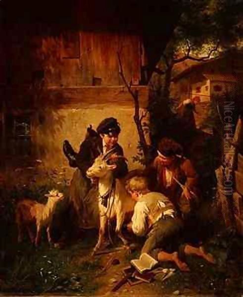 Boys playing with a goat - view 1