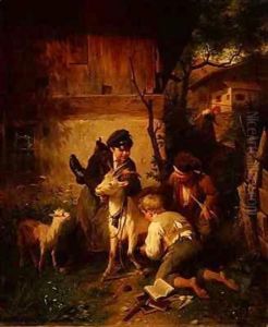 Boys playing with a goat by Peter Baumgartner