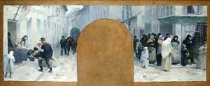 Transporting the injured to the ambulance and the queue in front of a shop by Paul Albert Baudouin