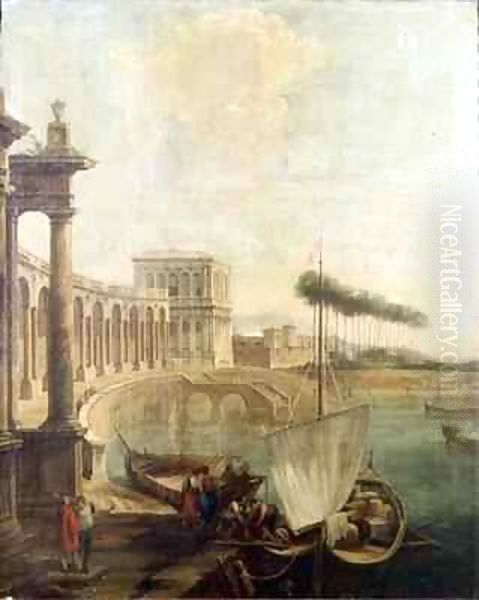 A capriccio, harbour with figures loading a ferry - view 1