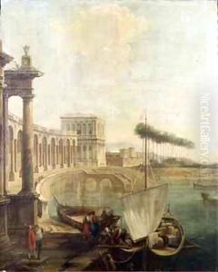 A capriccio, harbour with figures loading a ferry by Francesco Battaglioli