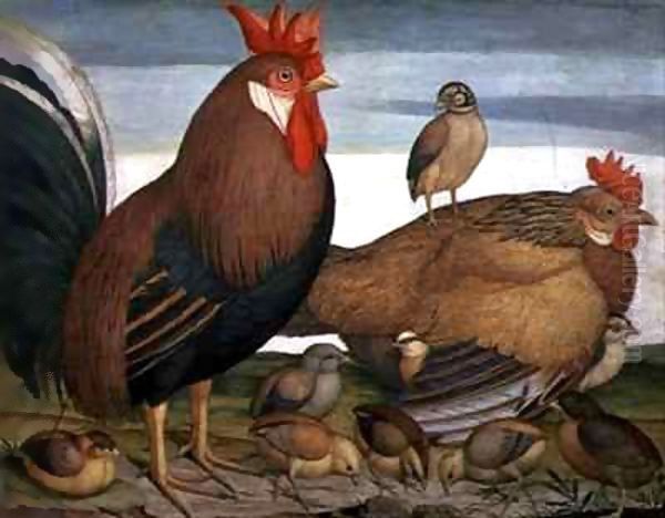 Cock, hen and chicks - view 1