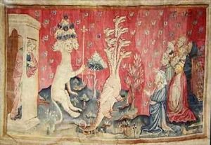The seven-headed beast from the sea receiving the homage of men by Nicolas Bataille