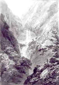 The Cascade of Minzapeezo, watercolour by Samuel Davies after an engraving by James Basire