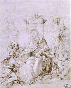 Madonna and Child enthroned with St. John the Baptist presented by an angel and St. Monica by Fra Bartolommeo della Porta