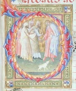 Historiated initial 'O' depicting Tobias and the Angel