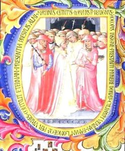 Historiated initial 'U' depicting Pope Martin V (1368-1431) concecrating the Church of Sant Egidio by Bartolomeo di Frusino