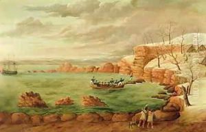 Fireboard depicting The Landing of the Pilgrims by Samuel Bartoll