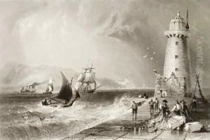 South Wall Lighthouse with Howth Hill in the Distance by William Henry Bartlett