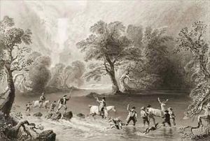 Taking a Stag near Derrycunnihy Cascade, County Killarney, Ireland by William Henry Bartlett