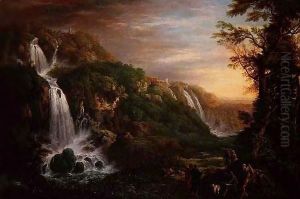 The Great Cascade at Tivoli with Villa of Maecenas and artist inspired by a philosopher by Prosper-Francois-Irenee Barrigues