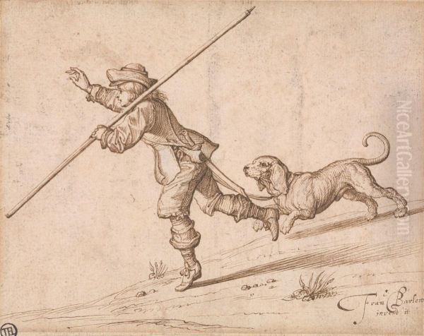 Man hunting with a pointed staff and a hound - view 1