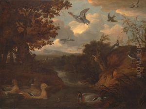 Ducks and other birds about a stream in an Italianate landscape by Francis Barlow