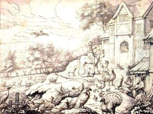 Farmyard, with Figures and Landscape Background by Francis Barlow