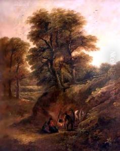 Wooded Landscape with Gypsies Round a Fire by Joseph Barker