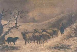Landscape with shepherdess and sheep in the snow
