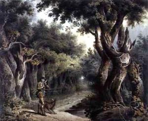 Forest Scene with Woodman and Dog