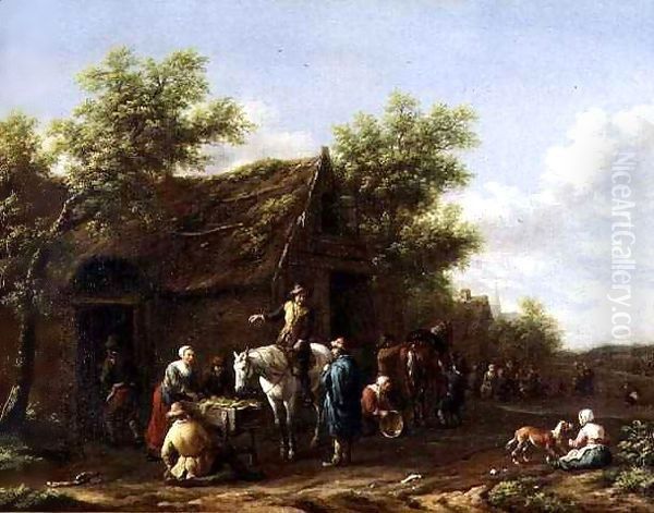 Travellers resting their horses by a barn - view 1