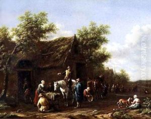 Travellers resting their horses by a barn
