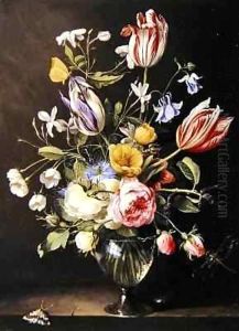 Flowers in a glass vase by Johannes Antonius van der Baren