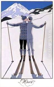 Winter Lovers in the Snow, fashion plate from 'Twentieth Century France' by Georges Barbier