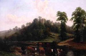 Cattle Watering beneath Goodwich Castle on the Wye by Thomas Baker Of Leamington