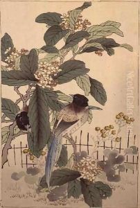 Blue tailed birds among the blossom from Bunrei Kacho Gafu by Kono Bairei