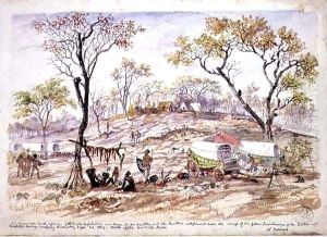 Wagon of the South African Goldfields Expedition and those of Mr Hartley outspanned near the camp of Sir John Swinburne of the London and Limpopo Mining Company