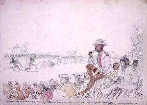 Lo Bengulu, King of Matabeleland, receiving his army on their return from a successful raid among the Mashonas