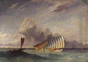 Trading proa in Madura Strait, Surabaya in the distance, Indonesia