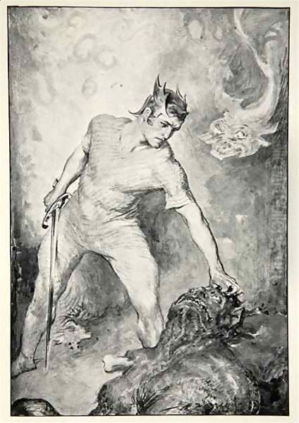 Beowulf shears off the head of Grendel - view 1
