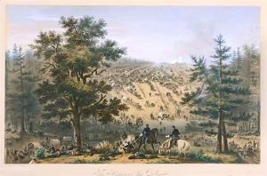 Expansive Civil War view of long supply trains approaching and crossing a stream by John Badger Bachelder
