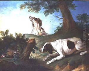 Spaniels putting up a partridge by Johann-Michael Baader