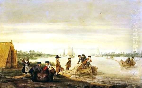 River scene with fishermen drawing nets - view 1