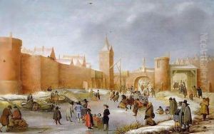 Skaters and Kolf Players Outside the City Walls of Kampen by Barent Avercamp