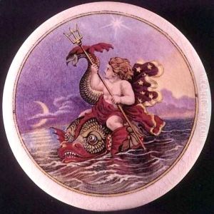 Pratt ware pot lid painted with a sea nymph by Jesse Austin