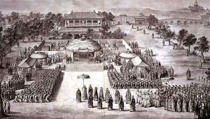 The Emperor Qianlong Receives the Homage of the Conquered Eleuths (Tartar Kalmucks) plate 2 from a series of prints representing the conquests of the Emperor of China by Jean Denis Attiret
